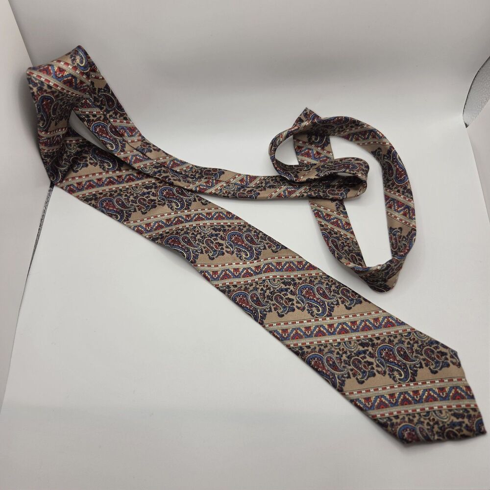 Vintage Christian Pelini Silk Necktie Paisley Stripe Tan Brown Navy Blue Red